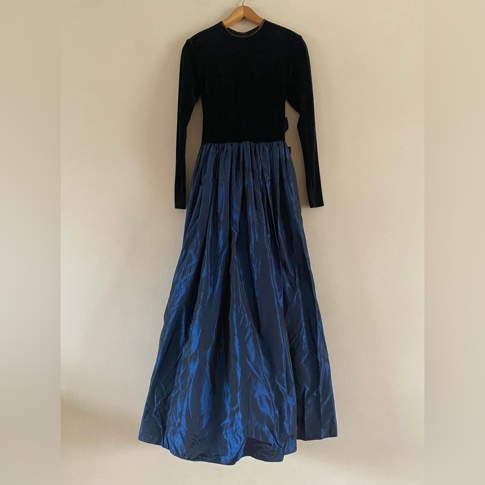 Vtg. Jessica McClintock Bridal Black Velvet Iridescent Taffeta Maxi Dress Size 6